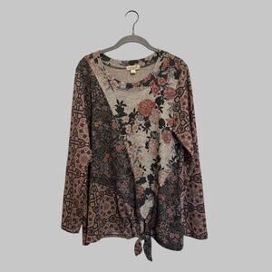 Floral Long Sleeve Knit Tunic Sweater Women’s Size L Bohemian Hippie Patchwork